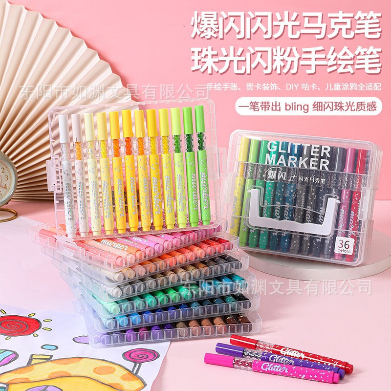 New diamond-shaped, soft-tip, glittery acrylic markers in a stackable box, designed for art and drawing, and do not bleed through paper