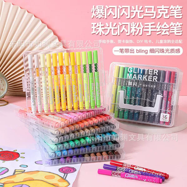 New diamond-shaped, soft-tip, glittery acrylic markers in a stackable box, designed for art and drawing, and do not bleed through paper