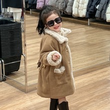 2023女童冬装韩版咖色加厚羊羔毛中长款保暖外套宽松绗缝夹棉大衣