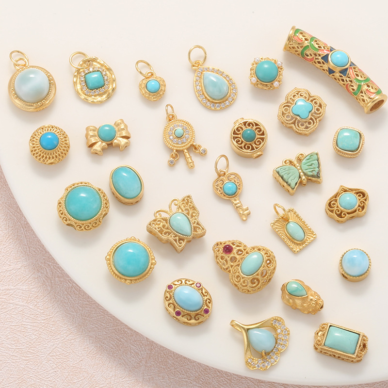 Raw Turquoise S925 Silver Gold-Plated Heart-Shaped Four-Leaf Clover Round Butterfly Pendant Spacer Bead DIY T6