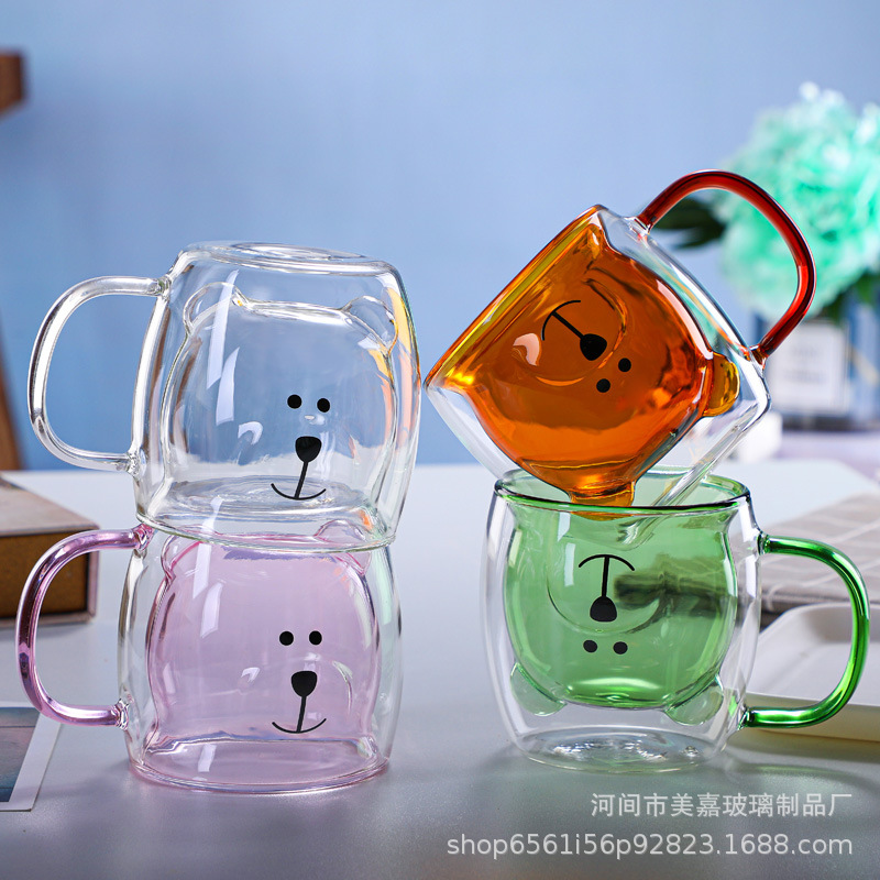 Manufacturer wholesale double-layer glass cup with handle bear cup household coffee cup drinking cup milk juice cup water cup