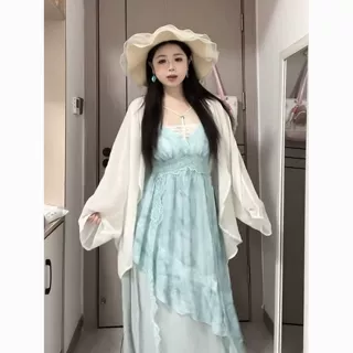 胖mm甜美度假不规则印花吊带连衣裙新款夏季大码显瘦开衫两件套