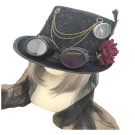 Lolita玫瑰蕾丝面头纱帽子整齐朋克指南针玫瑰花羽毛护目镜帽326