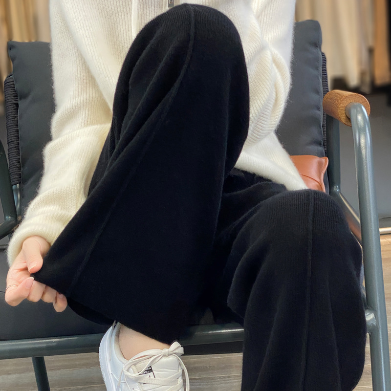 纯羊毛针织裤女阔腿裤秋冬加厚休闲长裤高腰外穿直筒裤子|undefined