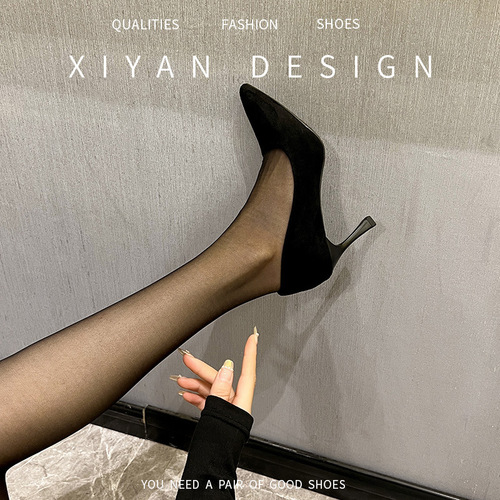 Student Etiquette High Heels Spring Medium Heel Black Felt Surface Professional Work Single Shoes for Women