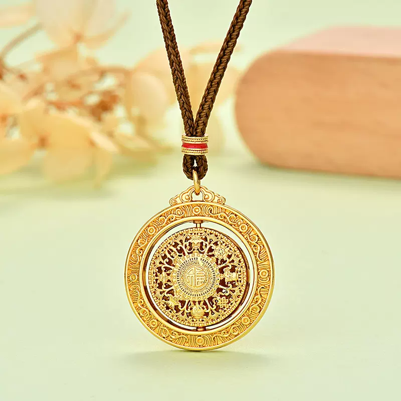 古法镂空花丝转动八宝罗盘吊坠双面莲花新中式金店同款吉祥福项链