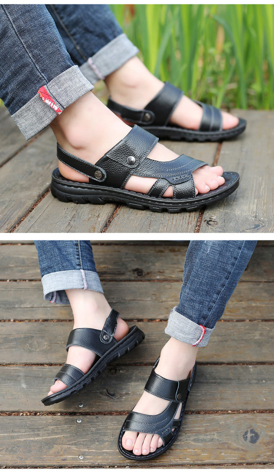 Dép sandal nam da bò đế dày mềm, quai ngang thoáng khí, đi biển và đi chơi hằng ngày — Màu nâu, màu đen chi tiết 21