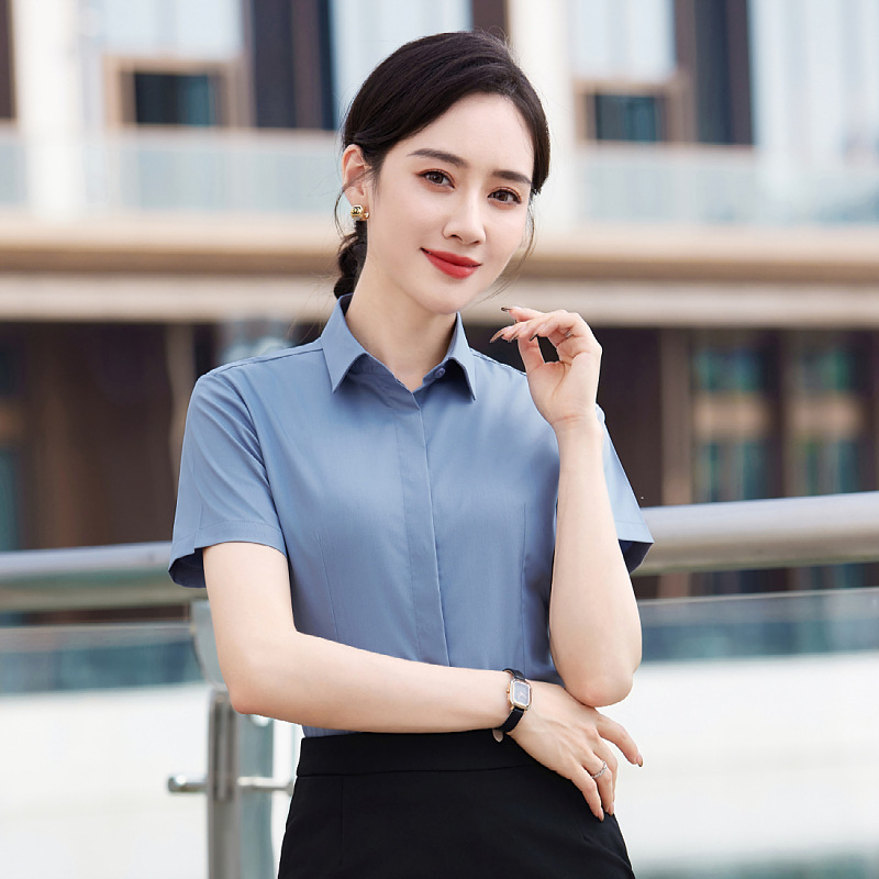 蓝色衬衫女短袖职业装正装工作服修身竹纤维弹力衬衫免烫工艺上衣