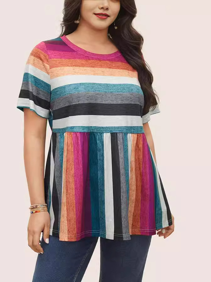 2024 Europa y los Estados Unidos verano nuevo tamaño de ropa de mujer fuente transfronteriza de color chaqueta a rayas casuales camiseta retro cómoda