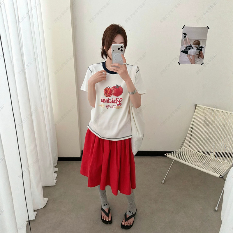 Contrast Color Collar Hemp Silk Thread Pomegranate Print Pure Cotton Short-Sleeved T-Shirt 138