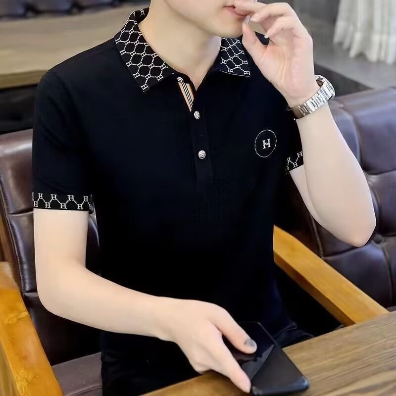 Camisa de polo de los hombres de manga corta Camiseta solapa de los hombres de verano superior 2023 verano negocio bordado de color cuello alto elástico slim fit