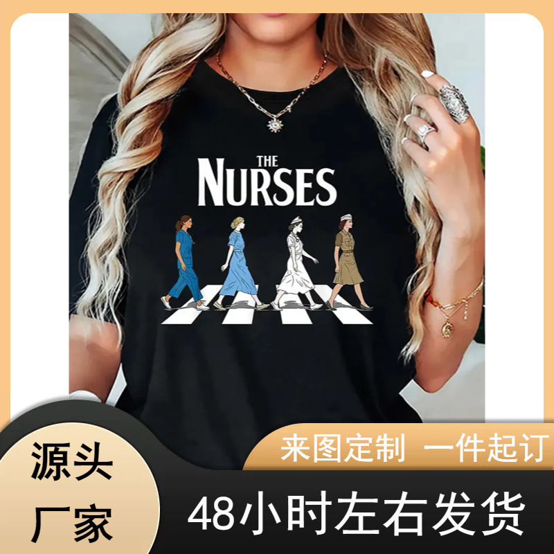女士休闲花卉图案印花短袖T恤，聚酯脉纹混纺，圆领，正常长度，