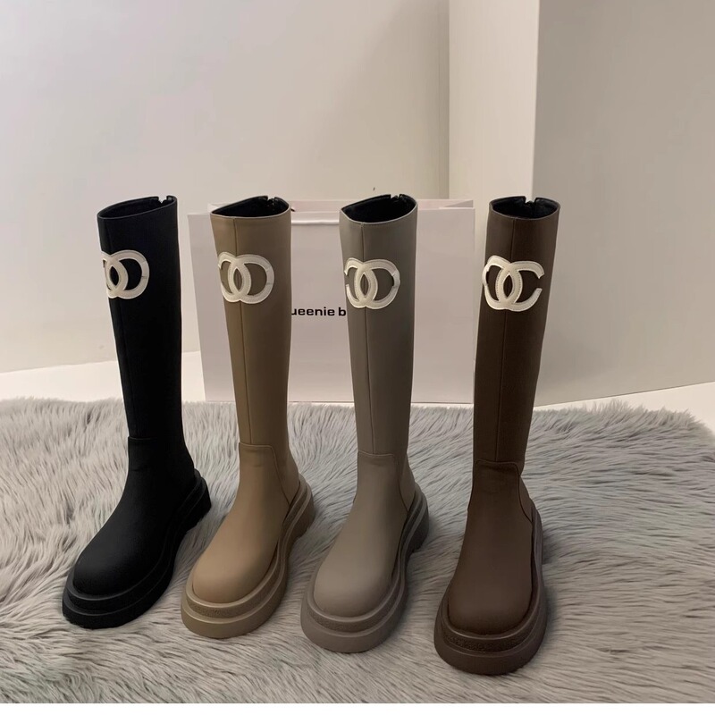2025 Early Autumn New Style Chanel-Inspired Thick-Soled High-Tube Long Boots for Petite Women, Height-Enhancing and Slimming Knee-High Riding Boots