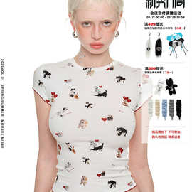 圆领猫狗印花短袖T恤紧身弹力童趣tee显瘦上衣女夏
