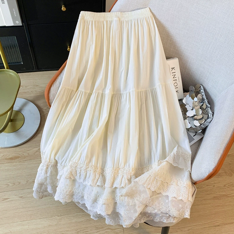 Настоящий снимок Сладкий Мори ретро сетчатая пряжа кружева сшивания средней и длинной хлопчатобумажной юбки внутри юбки