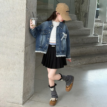 女童秋季牛仔外套2025新款女大童秋装时尚蕾丝拼接蝴蝶结短款夹克