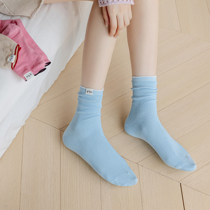 Dopamine tide cream colored children's spring and summer breathable middle tube pile fabric label women's socks, double_voghion.com