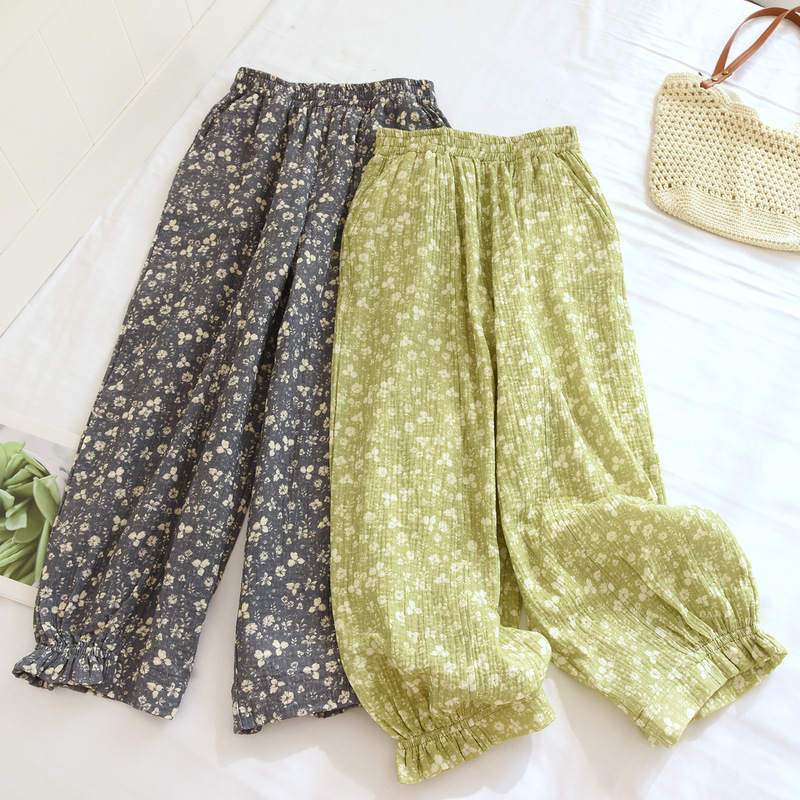 Cotton Crepe Patchwork Home Pants for Women, Thin Style for All Seasons, Large Size with Side Pockets, Can Be Worn Outside, Double-Layer Gauze Long Pants Cotton Crepe Patchwork Home Pants for Women, Thin Style for All Seasons, Large Size with Side Pockets, Can Be Worn Outside, Double-Layer Gauze Long Pants