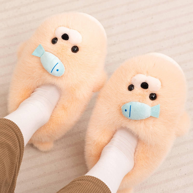 Cross-border lindas zapatillas de algodón de foca de invierno para mujeres bolsas de tacones para parejas zapatos cálidos de peluche para niños