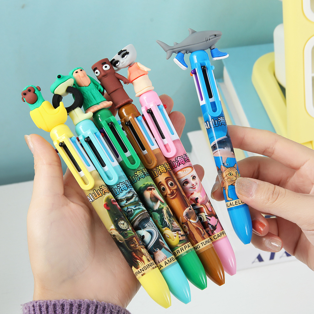 Montañas y mares de seis colores lápiz de dibujos animados palo de madera hombre pluma multicolor lápiz de bola de alto valor de color estudiantes de primaria escritura al por mayor