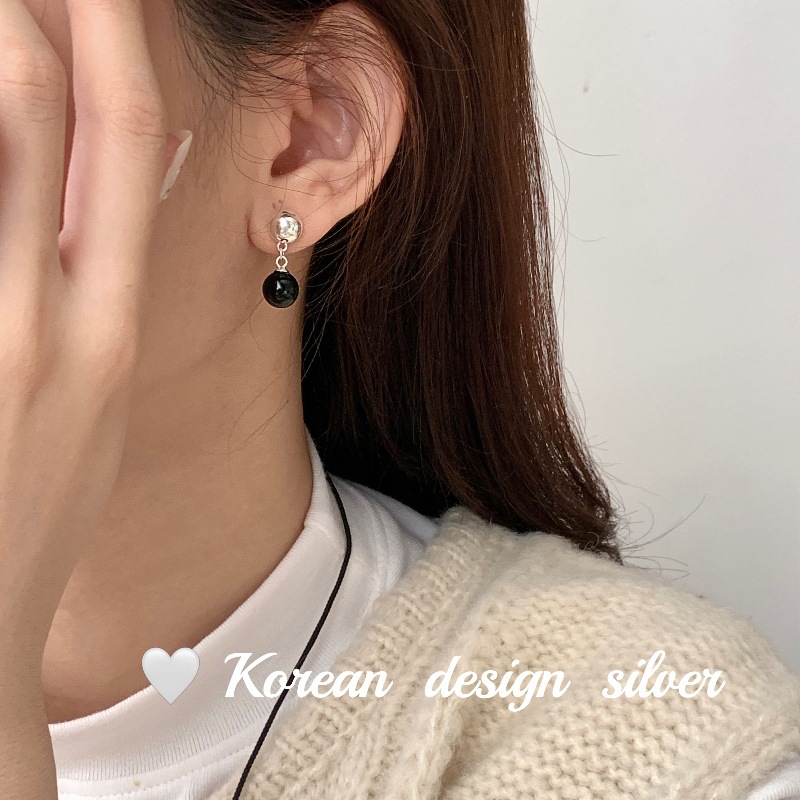 韓國2024亮銀飾品 S925純銀簡約黑瑪瑙耳飾  大氣精緻ins風設計女