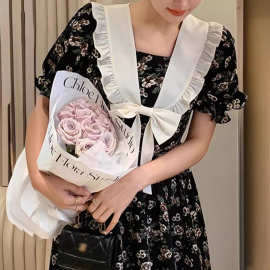 巴黎少女 法式海军领黑色碎花连衣裙女春蝴蝶结气质裙子2024新款