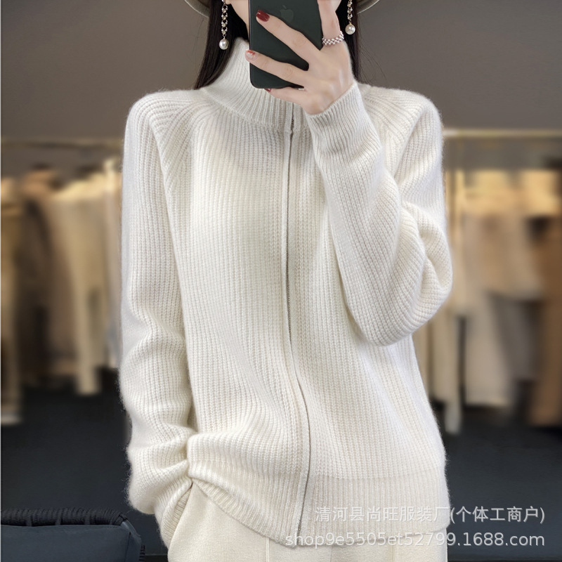 New Wool Lapel Zipper Cardigan for Women Solid Color Long-Sleeved Commuter Slimming Soft Waxy Knitted Jacket Top Trendy Delivery