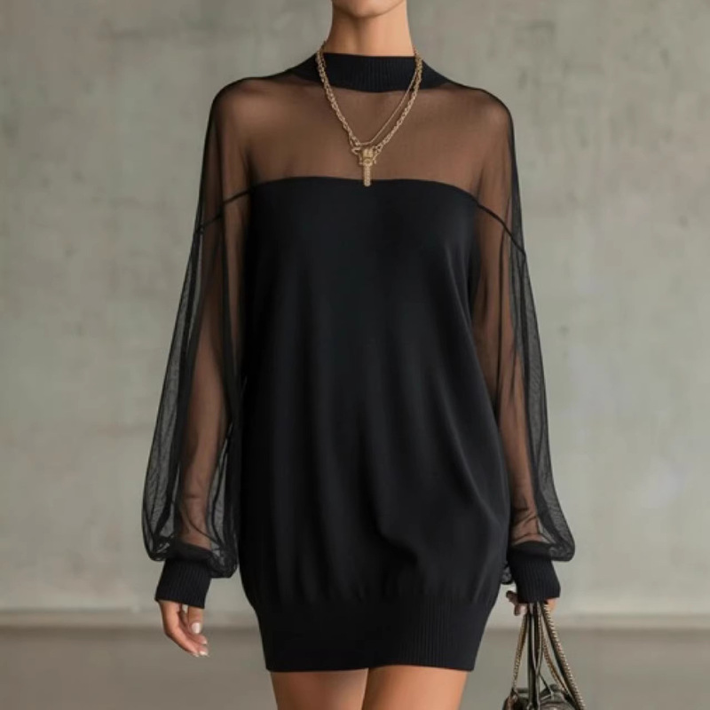 2026 European and American Aliexpress Fashion Hot-Selling Black Versatile Slimming Mesh Patchwork High-Waisted Stand-Collar Long-Sleeve Jumpsuit 2026 European and American Aliexpress Fashion Hot-Selling Black Versatile Slimming Mesh Patchwork High-Waisted Stand-Collar Long-Sleeve Jumpsuit