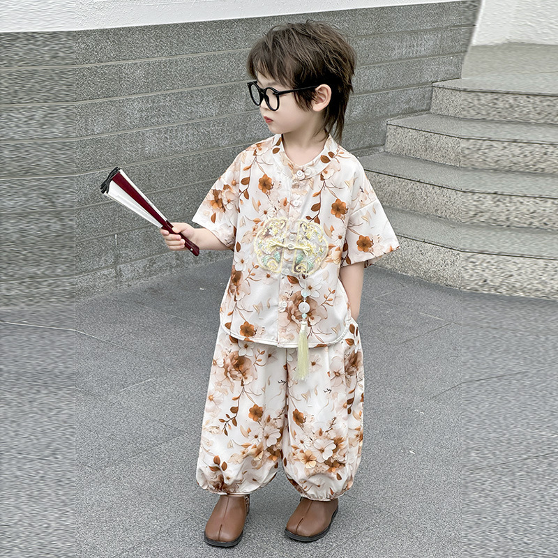 新しい子供の中国風スーツ夏の男の子の唐スーツ漢服半袖9点パンツ古代スタイルの新しい中国風の2点セット|undefined