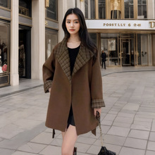 复古港风撞色格纹立领毛呢外套女2024冬季韩版系带收腰气质大衣潮