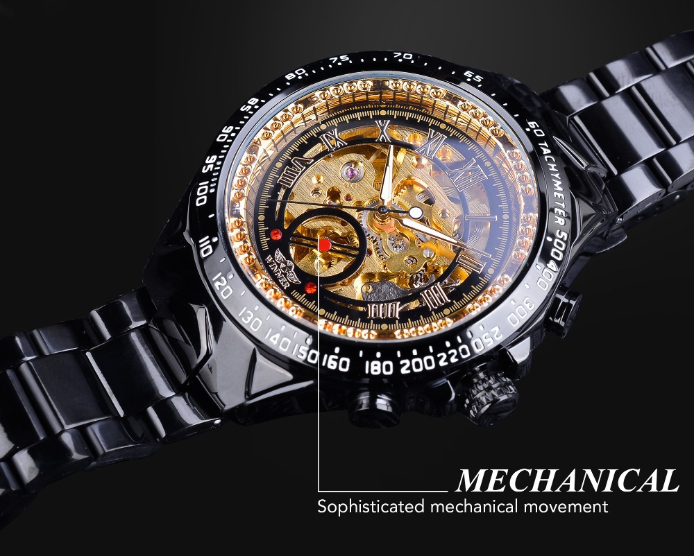 Men's Automatic Skeleton Watch Gold Tone Mechanical Wristwatch_voghion.com