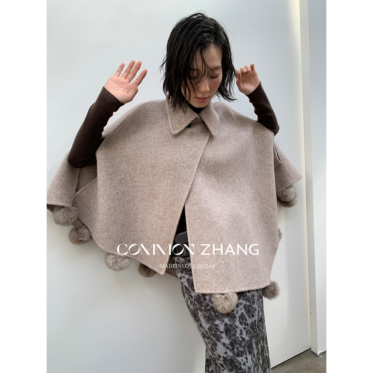 Cz Zhang Autumn and Winter Pure Handmade Asymmetrical Cape Style Wool Double-Sided Nylon Outwear Women's Woolen Jacket B39740