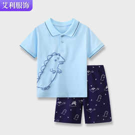 欧美夏季POLO衫男童短袖套装恐龙个性针织棉中小童短裤T恤两件套