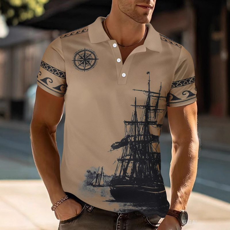 Amazon's New Cross-Border Men's Casual Sports Polo Shirt V Neck Button Sailboat Print Versatile T-Shirt Short-Sleeved Men