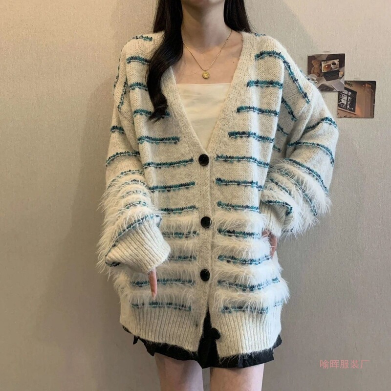 Spring and Autumn 2026 New Thick Striped Long-Sleeve Sweater Coat Plus-Size Women's Loose Fit Knit Cardigan for Curvy Women Spring and Autumn 2026 New Thick Striped Long-Sleeve Sweater Coat Plus-Size Women's Loose Fit Knit Cardigan for Curvy Women