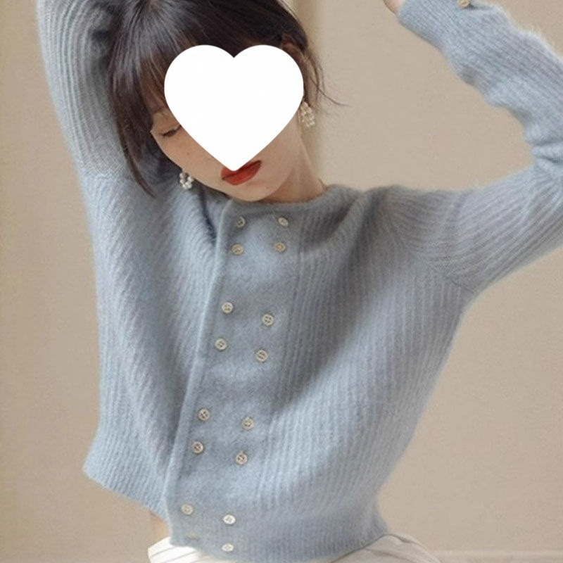 雾霾蓝双排扣针织开衫女秋冬短款外搭上衣法式复古感毛衣外套