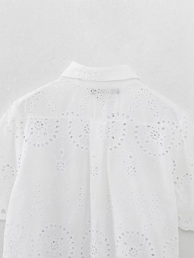 ZARW Self-made Casual Loose Hollow Embroidered Solid Color Top Shorts Set, European And American Style Summer New_ecoleips.com