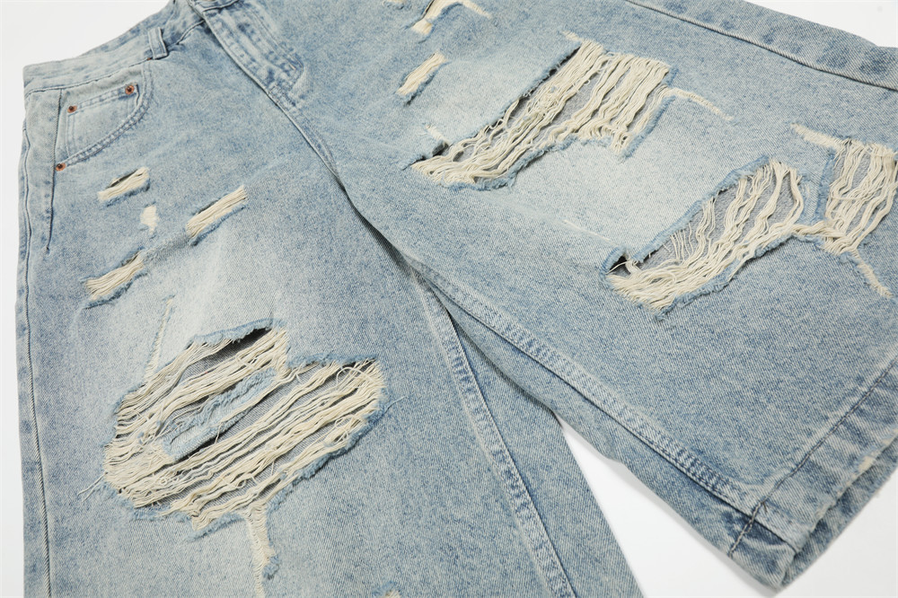 Men's American Punk Ripped Denim Capri Shorts Summer Style Washed Distressed Loose Wide Leg Trendy Cotton mid Waist Black Blue_mkmklike.com