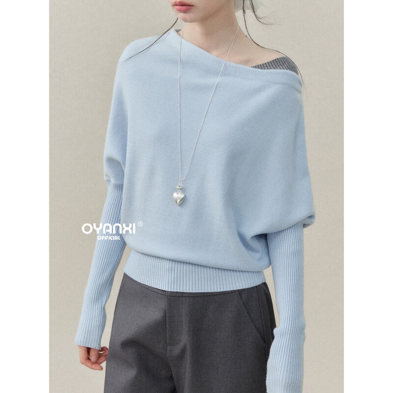Ouyang "Slanted Shoulder Melody" light blue slanted collar ribbed waist knit top with batwing sleeves for women