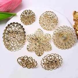 保色14K包金 花片刺绣镂空胸针饰品金镂古风 diy手作胸花配件材料