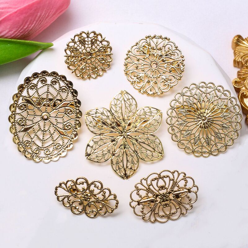 Color-preserving 14K gold-wrapped flower piece embroidery hollow brooch jewelry golden silk ancient style diy hand-made corsage accessories material