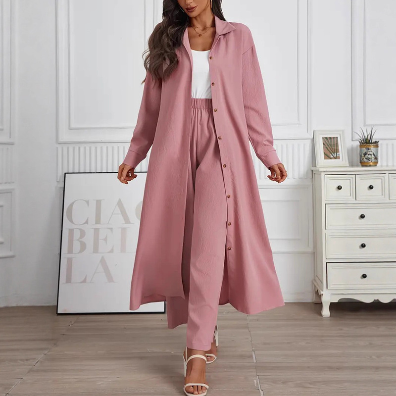 Women's Solid Color Lapel Long-Sleeve Cardigan Robe Casual Wide-Leg Straight Pants Two-Piece Set Abaya Robe