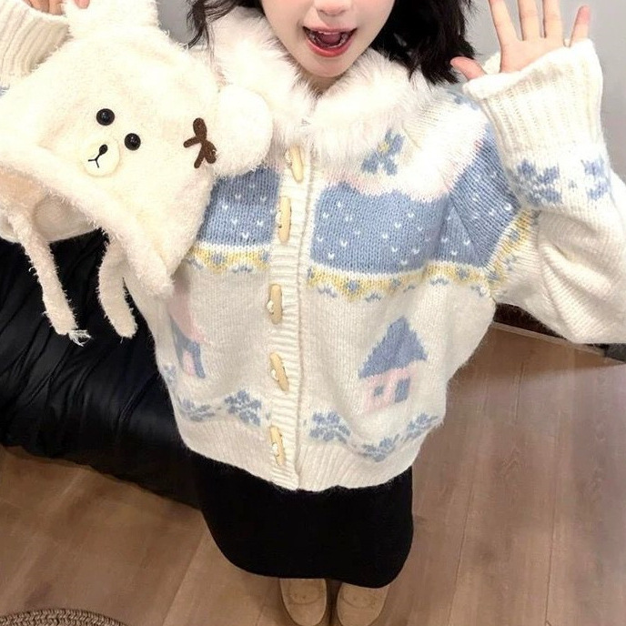 慵懒风费尔岛毛衣外套女秋冬牛角扣毛领连帽针织开衫宽松甜美上衣|undefined