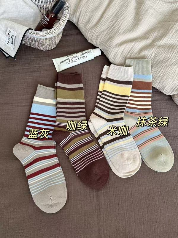 复古森系条纹袜子女中筒袜秋季款韩国ins潮百搭撞色中筒袜堆堆袜|undefined