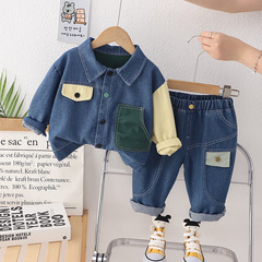 Men's Fall Trend Korean Style Medium Child Baby Kids Long Sleeve Set Denim Collar Two-Piece Set New Wholesale