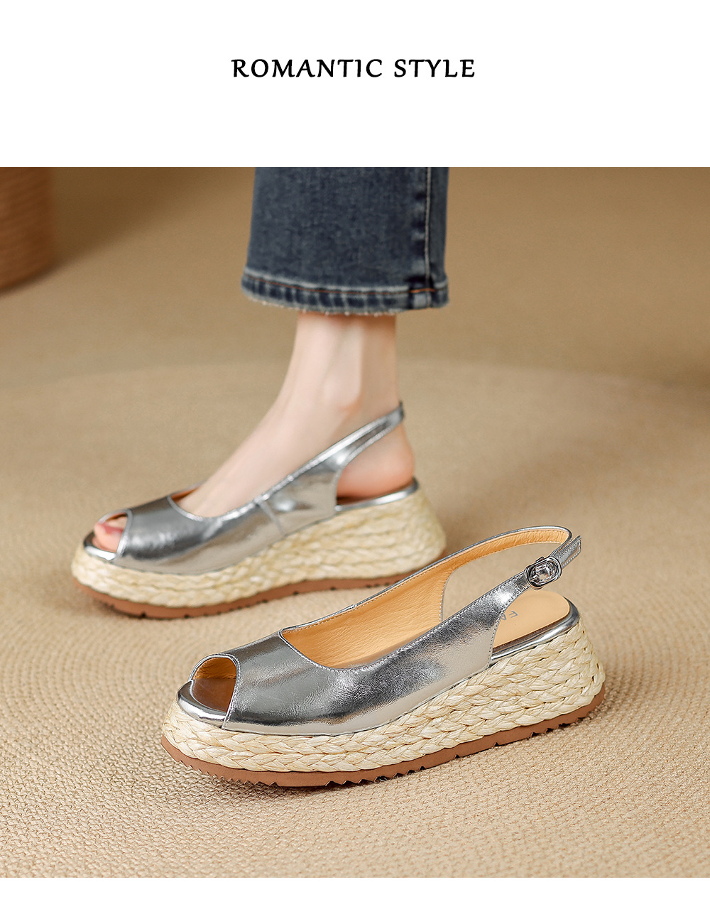 Sandal cao gót nữ mũi hở đế xuồng đan rơm — màu vàng, bạc chi tiết 9