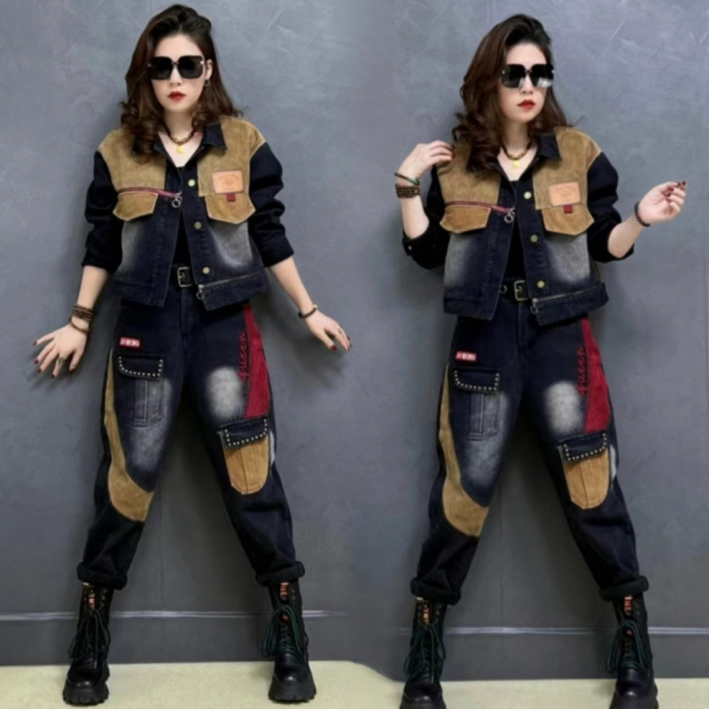 秋冬爆款加绒女牛仔拼接外套个性时尚套装显瘦洋气哈伦女装两件套