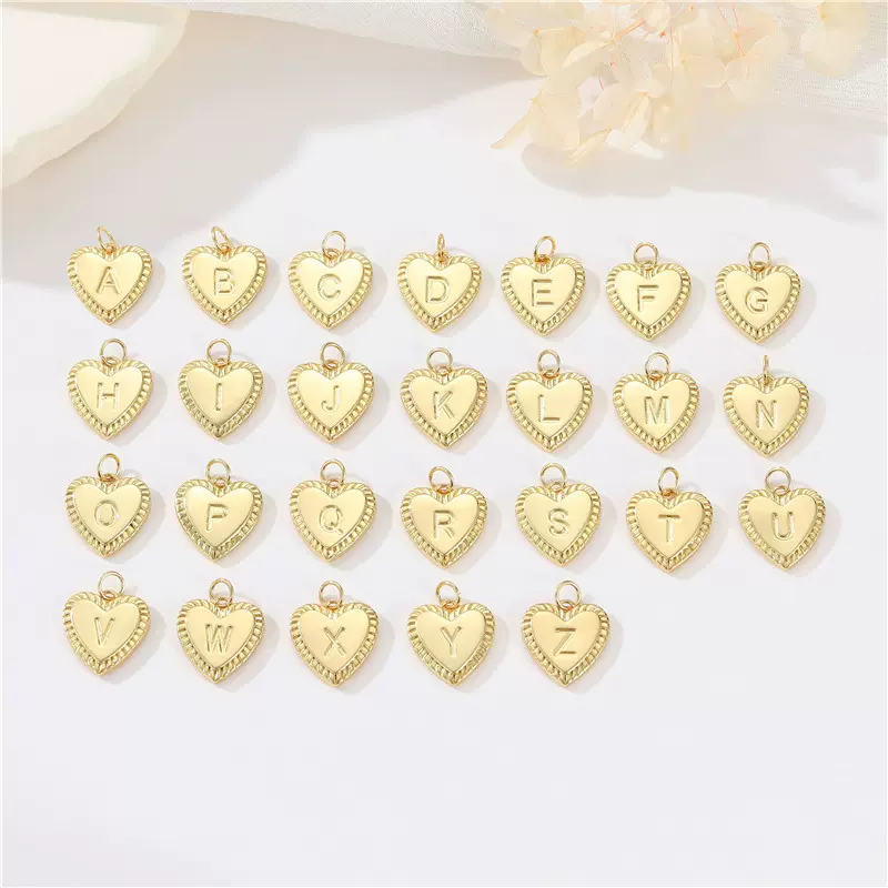 亚马逊跨境爆款简约光面14k金爱心26字母吊坠项链耳环挂件diy配件