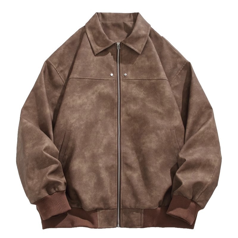 Retro Trendy Brown Lapel Leather Jacket With A Loose Fit For Couples, Baseball Jersey_voghion.com