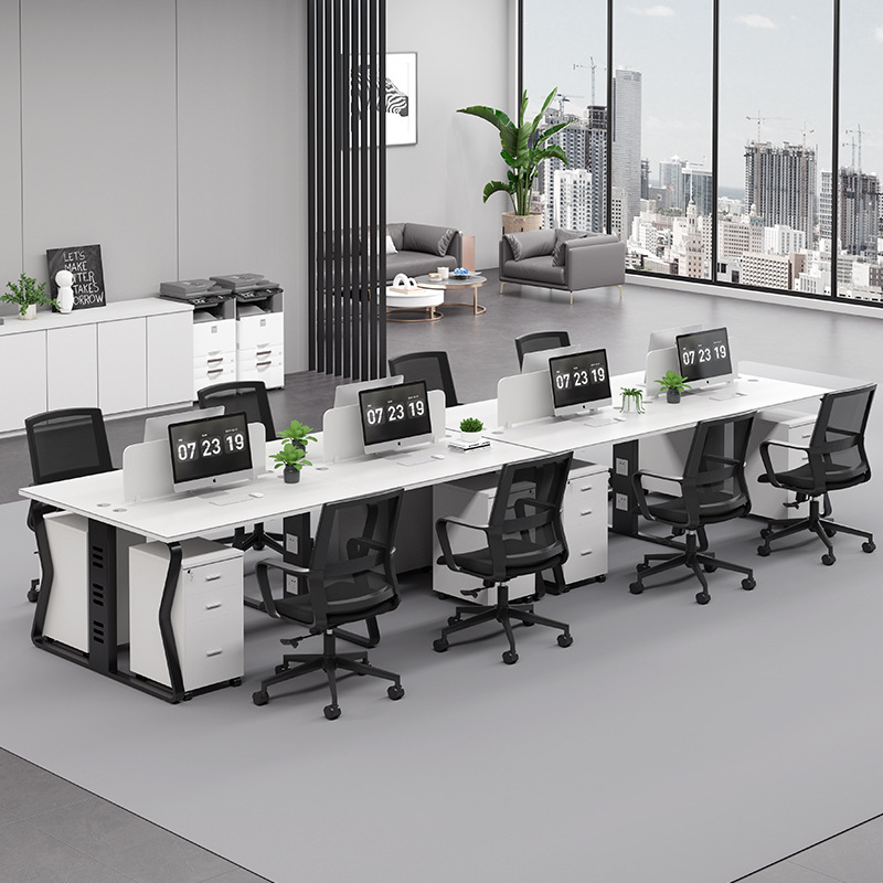 Mesa de oficina de 1 persona simple negro con pantalla de cuatro personas asiento de tarjeta de personal mesa de oficina de personal combinación de sillas